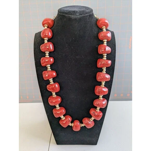 Red Beaded Necklace & Earrings Set With Gold Details By Chicos - Adjustable Chai - Picture 5 of 12